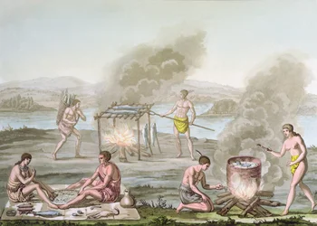 Floridan intiaanit valmistavat ja laittavat ruokaa, n. 1820
