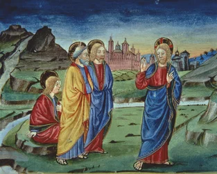 Fol.103v Kirkastumisen jälkeen Kristus käskee apostoleja paljastamaan tätä vasta ylösnousemuksen jälkeen (vellum) (yksityiskohta)