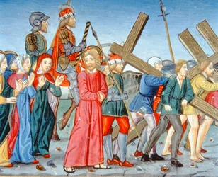 Fol.116v Kristus johdatetaan Golgatalle (vellum)
