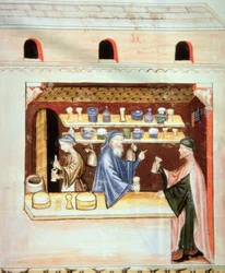 Fol.53v Timjamin valmistus ja myynti, kuva Tacuinum Santiatis Codex Vindobonensisista