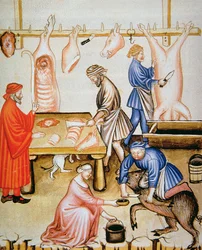 Fol.74v The Butchers: Pig Meat, kuva Tacuinum Santiatis Codex Vindobonensis