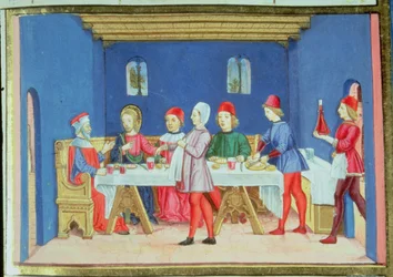 Fol.75v Jeesus aterian aikana fariseuksen talossa kysyy, saako hänen parantaa sapattina (vellum)