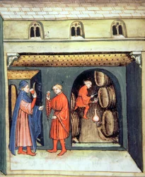 Fol.86v Aged Fruit Wine, kuvitus Tacuinum Santiatis Codex Vindobonensis