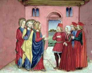 Fol.89R Fariseukset esittelevät Kristukselle aviorikoksesta kiinni jääneen naisen (vellum)