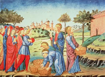 Fol.90v Kristus ja viiden leivän ja kahden kalan ihme (vellum)