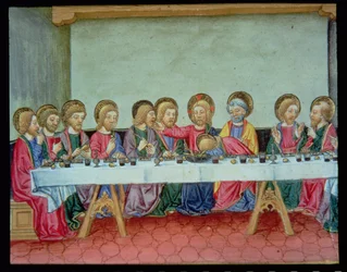Fol.99v Viimeisen ehtoollisen aikana Kristus ilmoittaa, että yksi apostoleista kavaltaa Hänet (vellum)