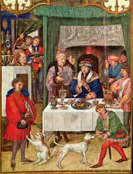 Fol 1v Tammikuu: Rich Lord at the Table, Breviarium Grimanista, n. 1515