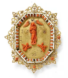 Kehys, joka kuvaa Neitsyt Immaculate, Trapani, 1600-luvun puoliväli (kullattua kuparia, emalia ja korallia)