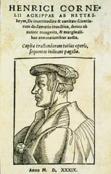 Heinrich Cornelius Agrippan De Incertitatem et Vanitate declamato invectivan etulevy, 1539 (painettu ja puupiirros paperille)
