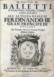 Tomaso Albinonin (1671-1750) oopperan III Balletti a tre -musiikkipartituurin etukappale