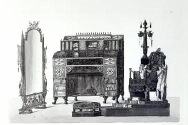 Kreikkalaistyyliset huonekalut Gaetano Landin arkkitehtonisista koristeista, kaiverrus G. DARgenzio, 1810