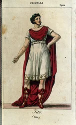 Gaetano Crivelli (1768-1836) Titon roolissa Wolfgang Amadeus Mozartin (1756-1791) "La Clemence de Tito" -elokuvassa, edustettuna Milanon La Scalassa vuonna 1819