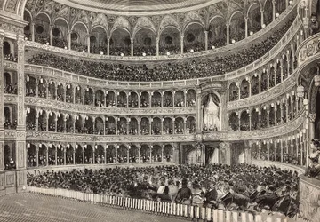 Gaalailta Costanzo-teatterissa Saksan kruununprinssin (tuleva Frederick III) kunniaksi, Rooma, Italia, kaiverrus Dante Paoloccin piirroksesta, L