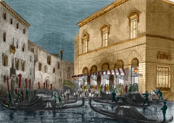 Gondolierit odottavat katsojia Teatro La Fenicen ulkopuolella, Venetsia, Italia, Le Monde Illustre nro 564, 1868