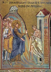 Spitaalisen parantaminen - mosaiikki, Monreale, Italia