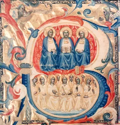 Historioitu alkukirjain B, joka kuvaa kolminaisuutta ja Kristusta enkelien ympäröimänä, Bolognese School, n. 1340-1350