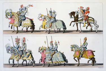 Pyhä Rooman valtakunta: Osallistujat turnaukseen Luxemburgin linnassa Maximilian I:n aikana, Costumi dei Romanista, Svizzeristä. n. 1800-18