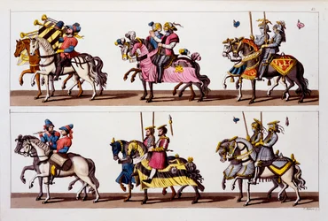 Pyhä Rooman valtakunta: Osallistujat turnaukseen Luxemburgin linnassa Maximilian I:n aikana, Costumi dei Romanista, Svizzeristä. n. 1800-18