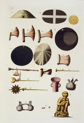 Inkojen työkaluja ja esineitä, Peru, Jules Ferrarion teoksesta "Le Costume Ancien et Moderne", osa II, taulu 22, julkaistu noin 1820-1830-luvuilla