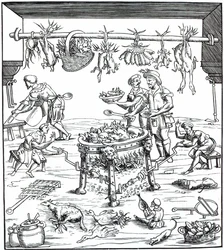 Italialaisen keittiön sisustus, Christoforo di Messisburgon teoksessa Banchetti kompozicioni di Vivende, 1549 julkaistu puupiirros.