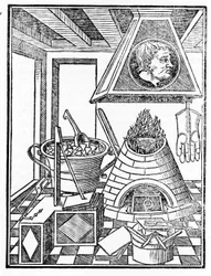 Metallurgiapajan sisäkuva Giovanni Agostino Pantheon (1517-1535) kaiverrus teoksesta "Voarchadumia contra alchimiam ars differenta ab archimia et sophia.".