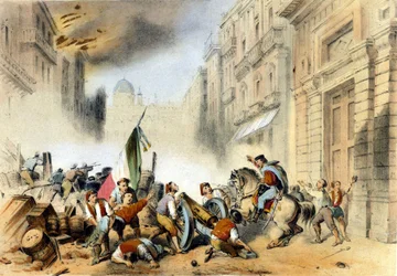 Italian Unite: 26.5.1860 Giuseppe Garibaldi punapaidoissaan, Tuhat, saapui Palermoon Sisiliaan ja teki ratkaisevan iskun Napolin Bourbonien valtakunnalle. Kaiverrus 1800-luvulta