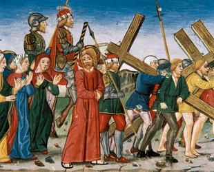 Jeesus johtaa Golgatalle ja pyhiin naisiin matkalla. Cristobal de Predisin käsikirjoitus (1440-1486)