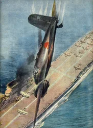 Kamikaze-lentäjä Abe hyökkää brittiläisen lentotukialuksen kimppuun, kuvitus "La Domenica del Corriere" -lehdestä, 5. marraskuuta 1944 (painettu).