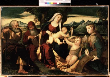 ""Pyhä perhe Johannes Kastajan kanssa"" (Pyhä perhe Johannes Kastajan kanssa) Heidän kanssaan ovat edustettuina Pyhä Katariina Aleksandrialainen ja Pyhä Hieronymus. Italialaisen koulukunnan maalaus 1500-luvun lopulta. Mihail Kroshitskyn taidemuseo, Sevasto