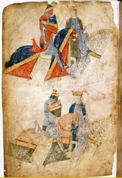Lancelot du Lac kuningatar Guineveren kanssa. Käsikirjoitus Rusticano da Pisa. 1300-luvulta. Venetsian Biblioteca Marciana