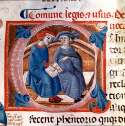 Kahden merkin kirjaindecoree. Miniatyyri otettu Codex "Breve delle Leggi comunali" Pisan tasavallan lakihakemistosta (1208-1307). 13. vuosisadalla. Pisa, kansallinen arkisto
