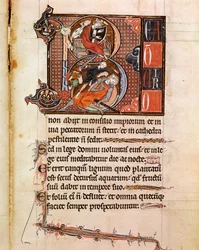 Lettrine B decoree esityksestä kuningas Daavidista, joka soittaa pslaterionia ja joka kattaa Goljat-sivun käsikirjoituksesta "" Psalterium Cum Calendario"" 1200-luvun Padova, seminaarin biblioteekki