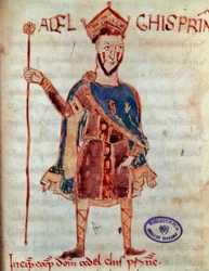Lombardprinssi Adalgis (kuoli 788) Miniatyyri "" Codex Legum Longobardorumista"" (tai Langobardorum), joka kuvaa kuningas Rotharin perustaman Lombard-valtakunnan lakeja