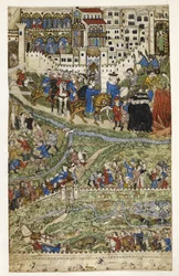 MS Add.27695 fol.6v Temppeliherrojen tuhoaminen ja Ranskan kuninkaan Philip IV:n (1268-1314) kuolema, esimerkki Genovalaisen Cocharellin "Paheiden tutkielmasta", 1300-luvun loppu (vellum)
