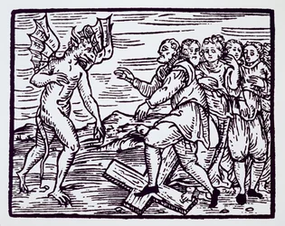 Kristuksesta luopuva miespuolinen noita, kopio isä M. Guacciuksen teoksen Compendium Maleficarum kuvituksesta, Milano 1608, käytetty teoksessa History of Magic, julkaistu 1800-luvun lopulla