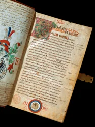 Jules Cesarin (Giulio Cesare tai Caius Julius Caesar) (100-44 eKr.) käsikirjoitus "" De Bello Gallico, kommentteja Gallialaisten sodasta" (s. 541) Käsikirjoituksen omistajan humanisti Niccolo Tranchedinin Blazon. 1300-luvun Biblioteca Riccardiana Napoli
