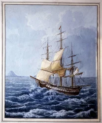 Marie Louise Parmasta purjeveneessä, joka vie hänet Napoliin 10.7.1824, maalaus B. Boccaccio. Museo Glauco Lombardi Parmasta