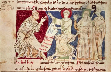 Miniatyyri Chronicon Vulturnensestä, valaistu koodeksi, jonka on säveltänyt munkki Iohannes, n. 1130, Italia