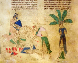 Ms.EST.59 fol.85v Tristan vapauttaa kuningas Arthurin, Tristanin tarinasta (pergamentti).