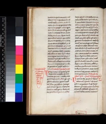 Ms. 165. John Belethus, Summa of Ecclesiasticis officiis, f.13v. Esimerkki goottilaisesta kirjankädestä, jossa on punaisia ​​rubriikkeja ja marginaalikorjauksia