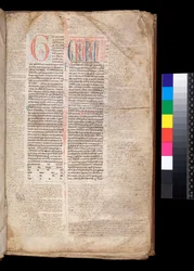Ms 213. Gregory IX, Decretales with Apparatus, Bernardo Botone, Parma, F.1r. Alkukirjain [G] punaisella, varattu ja sininen kynäkoristeet