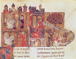 Ms 269 Fol.108 Aristoteles (384-322 eKr.) opettaa Aleksanteri Suurta (356-323 eKr.) moraalista ja naisten halveksumisesta Brunetto Latinin (1220-94) Le Livre du Tresorista