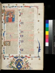 Ms 390. Seneca the Younger, Opera ja Seneca the Vanhin, Excerpta controversiarum, f.1r. Incipit-sivu, jossa on historialliset alkukirjaimet [L], joissa on Jerome, St Paul ja Seneca, Veneto