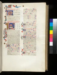 Ms 390. Seneca Nuorempi, Ooppera ja Seneca Vanhin, Excerpta controversiarum, f.95r. Asuttu alkukirjain [L], muotokuva Senecasta osoittaa Onnenpyörää ja alaspäin olevaa mieshahmoa rajalla