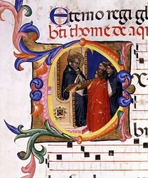 Ms 559 f.285v Historioitu alkukirjain "O", joka kuvaa munkkia puhujapuhujassa keskustelemassa muiden munkkien kanssa, Santa Maria Novellan psalteri, valaisi Paolo Soldini (fl.1342-86) 1379 (vellum)