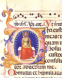 Ms 559 f.38v Historioitu alkukirjain "O", joka kuvaa Pyhää Matteusta, Santa Maria Novellan psalterista, valaisi Paolo Soldini (fl.1342-86)