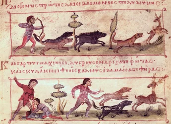 Ms Grec 479 Deer Hunting, kuvitus Oppianin Cynegeticasta (tempera vellum)