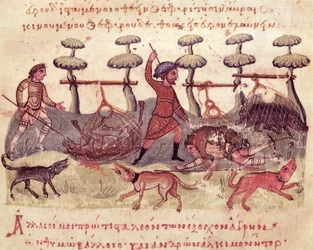 Ms Grec 479 Metsästys verkoilla, kuvitus Oppianin Cynegeticasta (tempera perunalla)