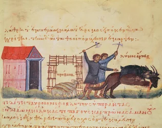 Ms Grec 479 Shepherds Chasing Wolves, kuvitus Oppianin Cynegeticasta (tempera perunakalvolla)
