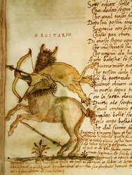 Ms Ital 483 P.4.7 f.157v Sagittarius, Fazio degli Ubertin (vellum) Dittamondosta